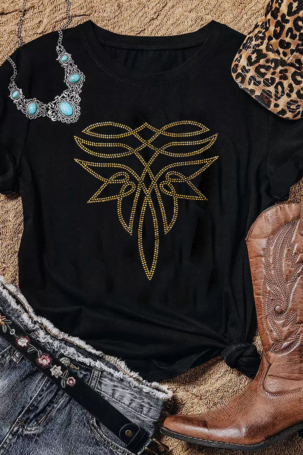 Black Rhinestone Western Pattern Cotton Blend Graphic T Shirt-Graphic/Graphic Tees-[Adult]-[Female]-2022 Online Blue Zone Planet