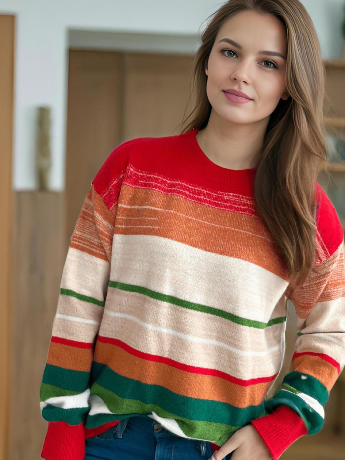 Contrast Striped Round Neck Long Sleeve Sweater-TOPS / DRESSES-[Adult]-[Female]-Multicolor-One Size-2022 Online Blue Zone Planet