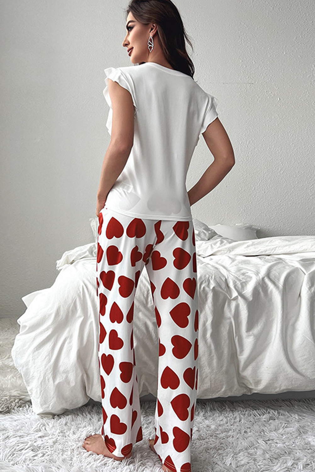 Blue Zone Planet | Red Heart Print Ruffle Sleeveless Top and Pants Valentines Pajama Set-Loungewear Set-[Adult]-[Female]-2022 Online Blue Zone Planet