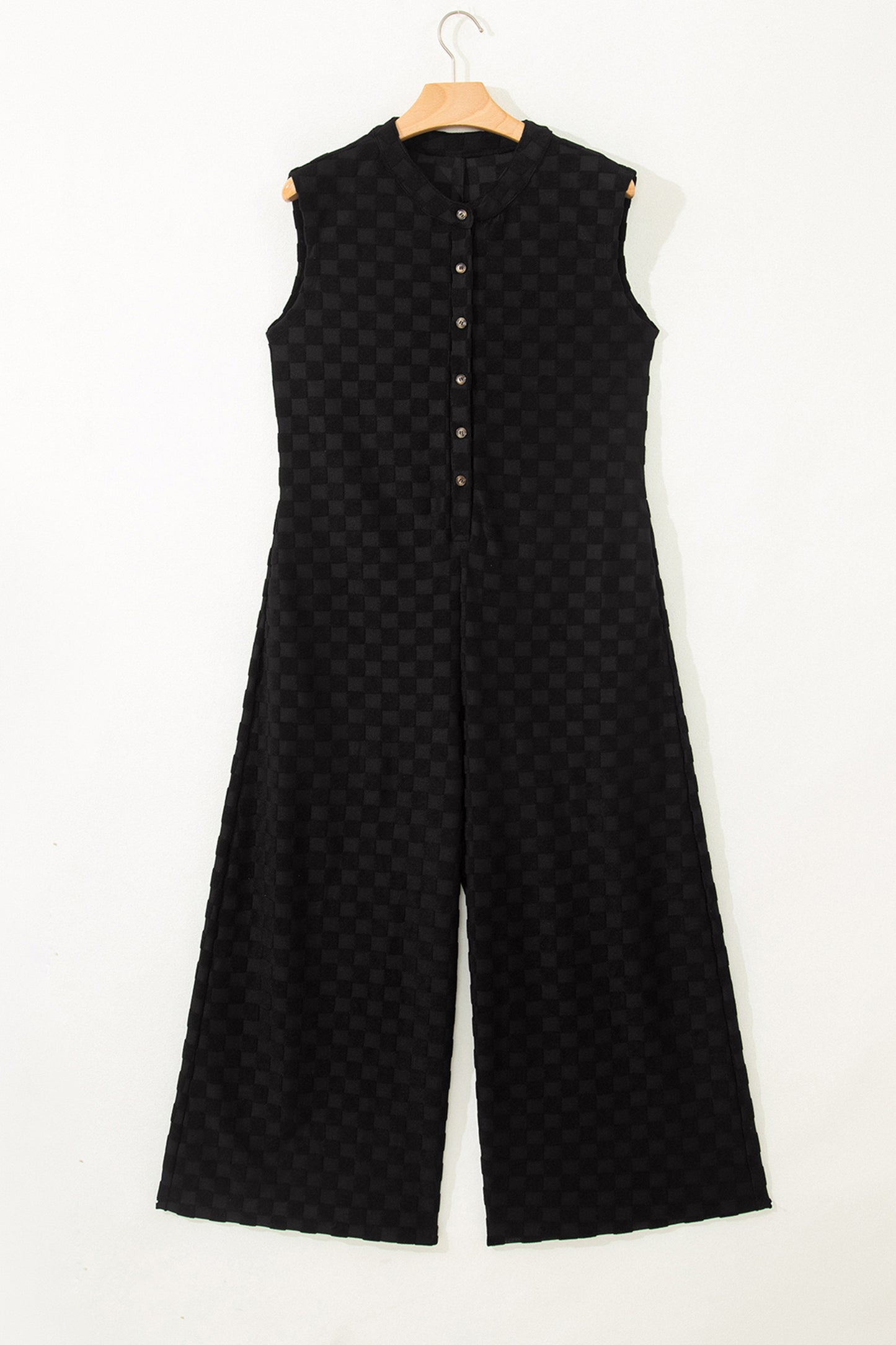 Black Half Buttons Sleeveless Wide Leg Textured Jumpsuit-Bottoms/Jumpsuits & Rompers-[Adult]-[Female]-2022 Online Blue Zone Planet