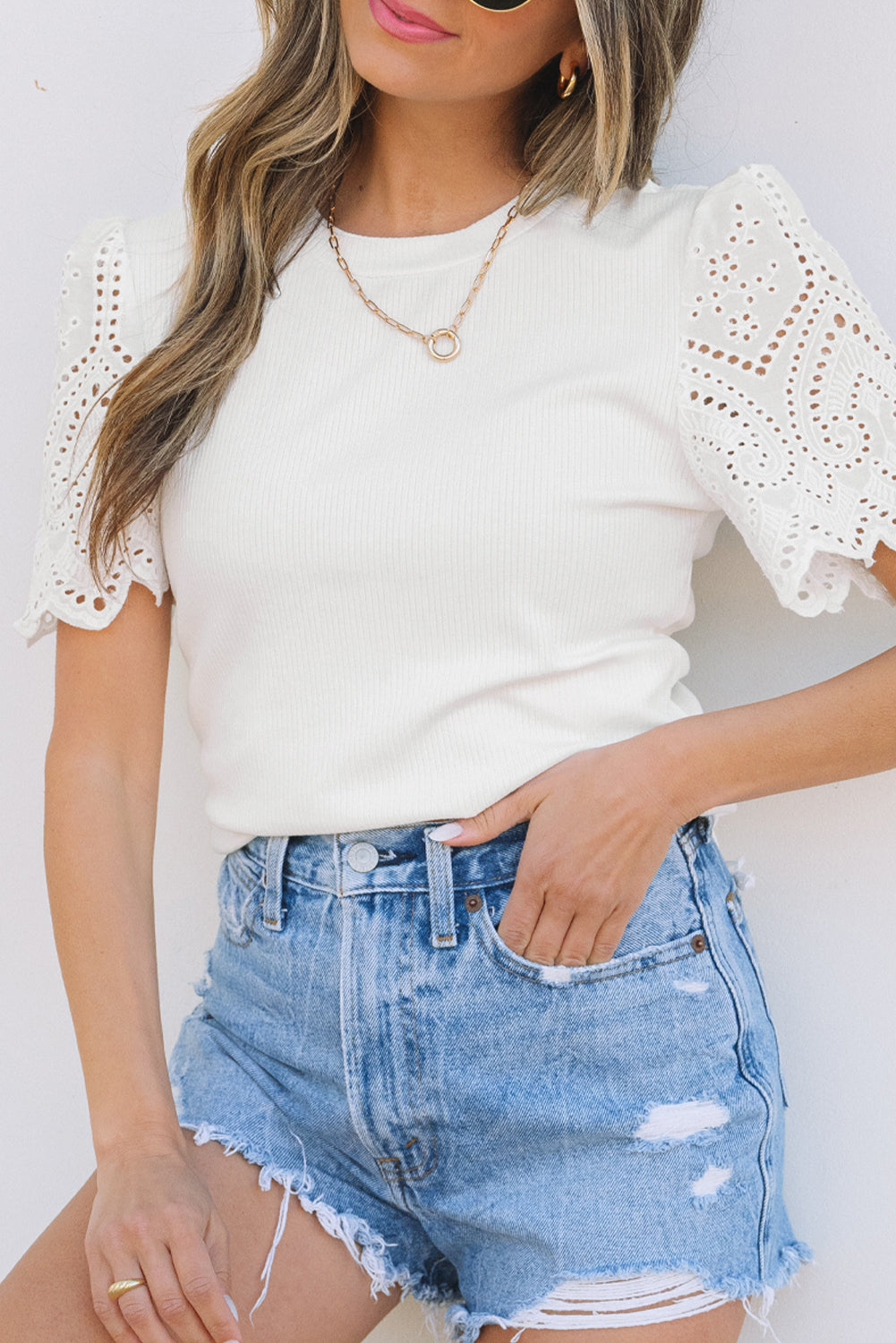 White Eyelet Pattern Short Sleeve Patchwork Ribbed Top-Tops/Tops & Tees-[Adult]-[Female]-2022 Online Blue Zone Planet