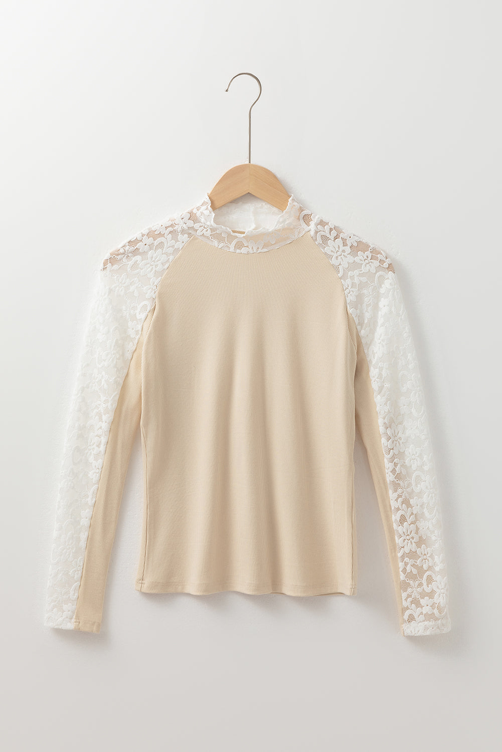 Blue Zone Planet | Beige Floral Lace Patchwork Long Sleeve High Neck Slim Top-Tops/Long Sleeve Tops-[Adult]-[Female]-2022 Online Blue Zone Planet