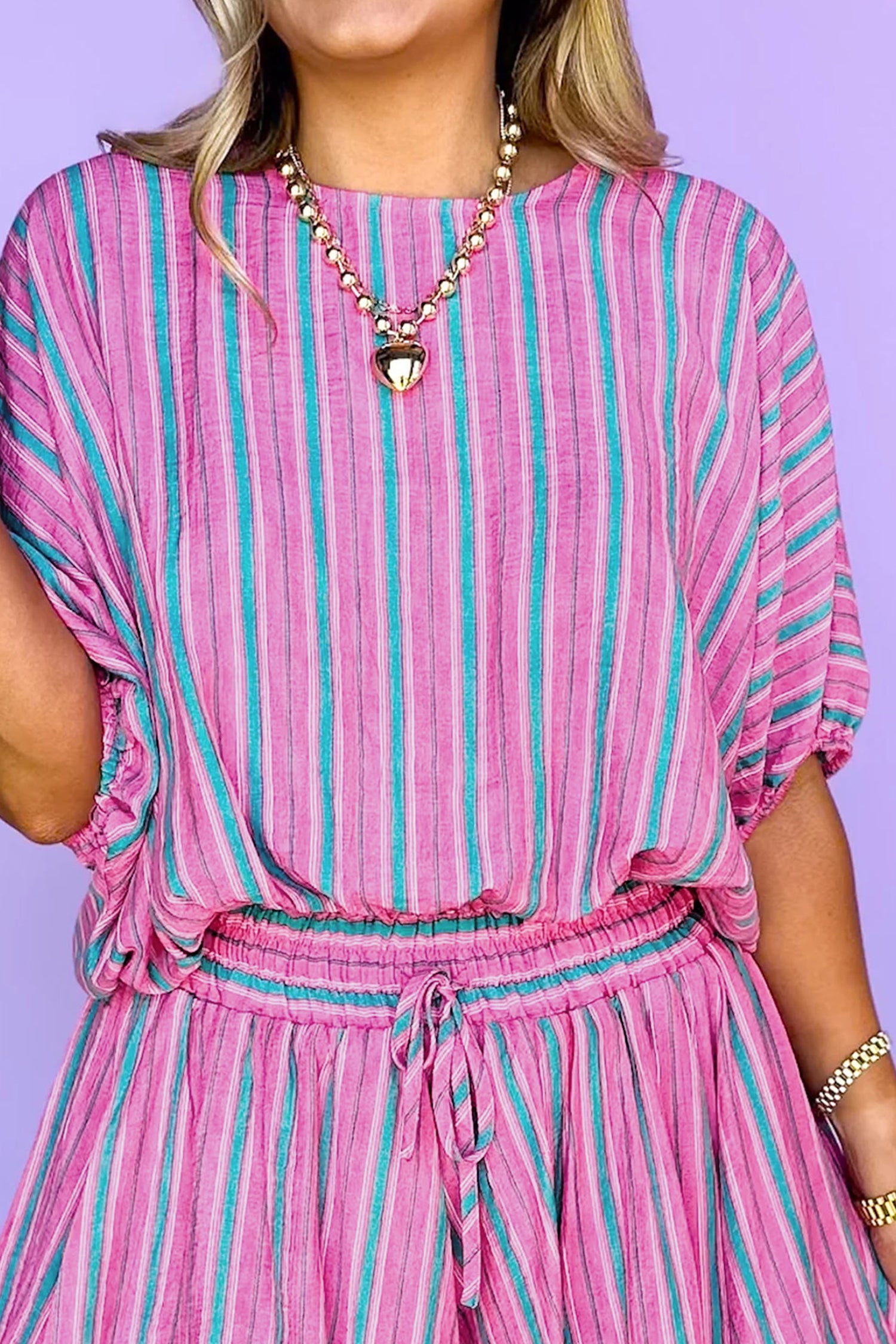 Pink Stripe Dolman Short Sleeve Blouse Drawstring Elastic Waist Loose Short Set-Two Piece Sets/Short Sets-[Adult]-[Female]-2022 Online Blue Zone Planet
