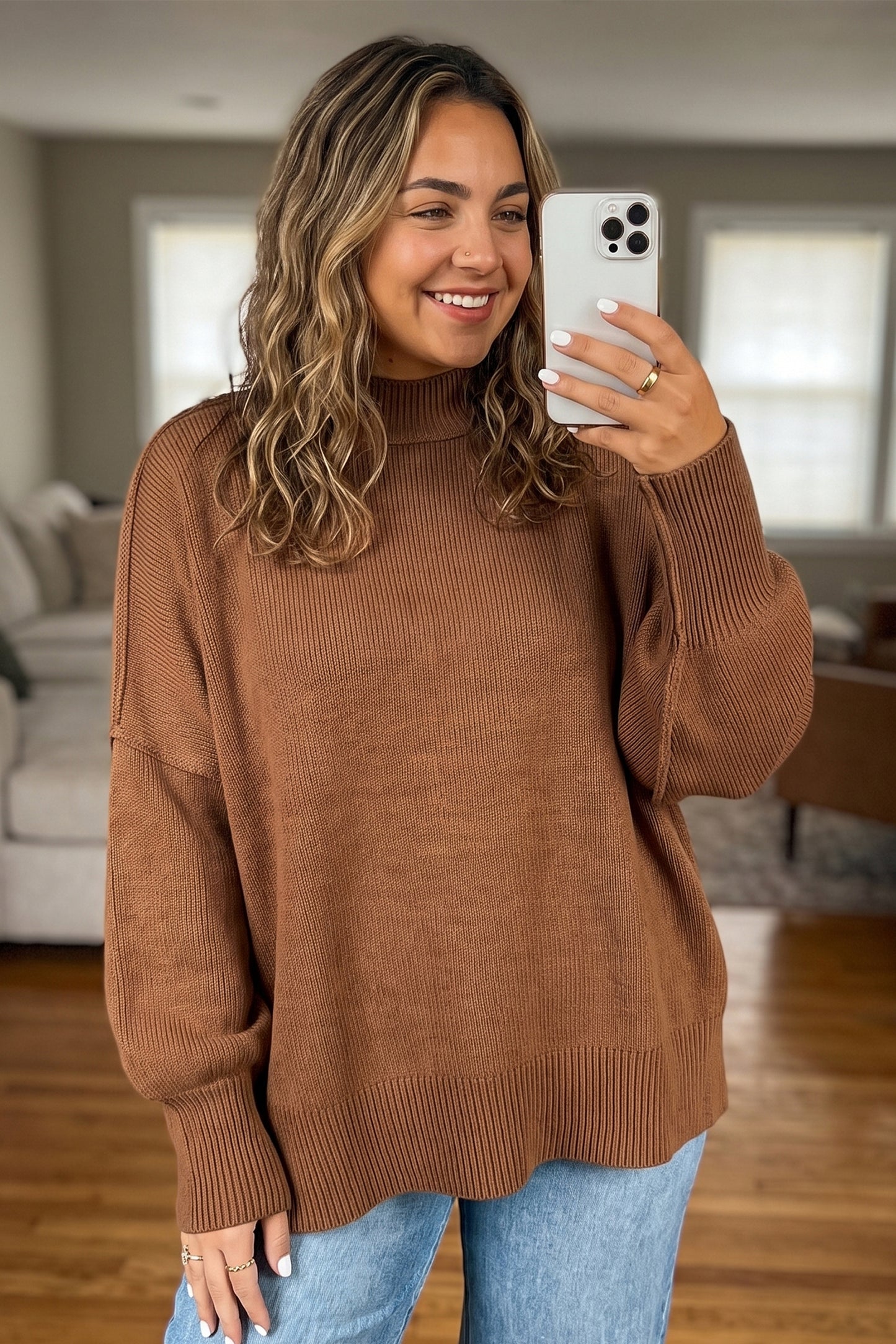 Chestnut Oversized Ribbed Knit Long Sleeve Tunic Plus Size Sweater-Plus Size/Plus Size Sweaters & Cardigans-[Adult]-[Female]-2022 Online Blue Zone Planet