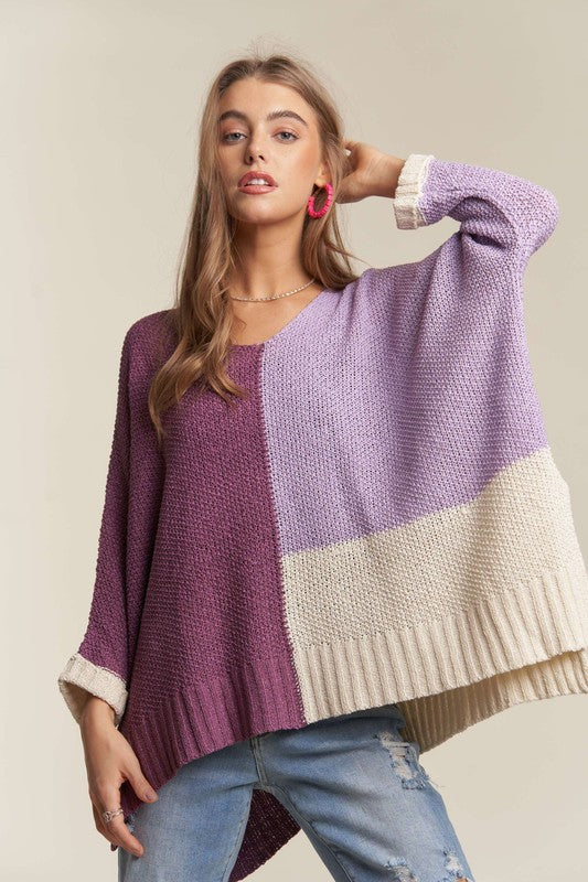 ADORA Side Slit Color Block Long Sleeve Sweater-TOPS / DRESSES-[Adult]-[Female]-Deep Purple-S/M-2022 Online Blue Zone Planet