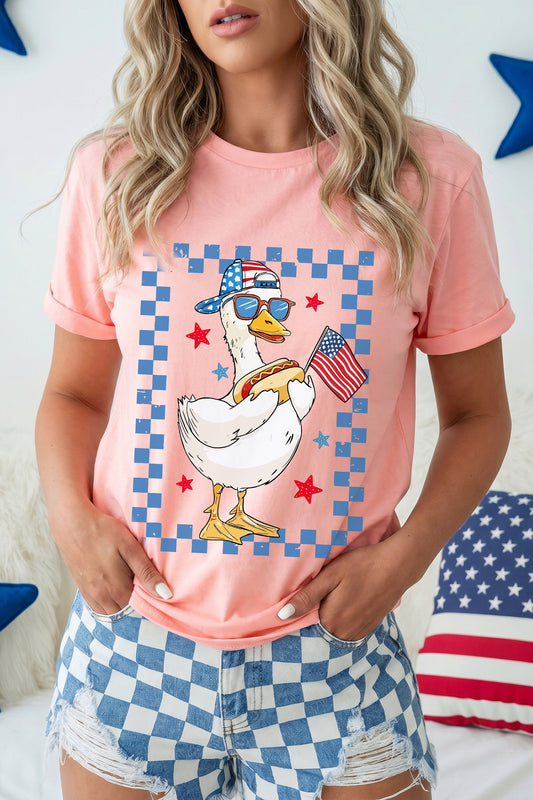 Pink America Goose 4th Of July Patriotic Flag Graphic T Shirt-Graphic/Graphic Tees-[Adult]-[Female]-Pink-S-2022 Online Blue Zone Planet
