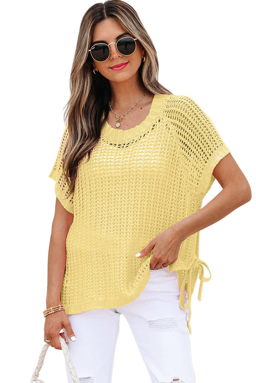 Yellow Cream Hollow-Out Crochet Side Tied Short Sleeve Sweater-TOPS / DRESSES-[Adult]-[Female]-2022 Online Blue Zone Planet