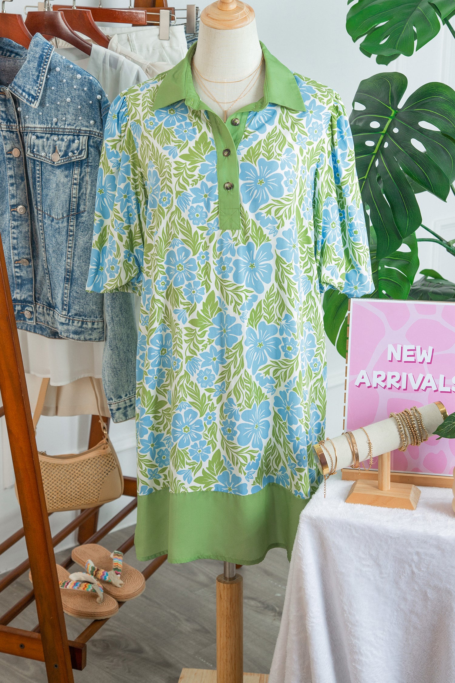 Sky Blue Floral Print Color Block Patchwork Shirt Collar Half Sleeve Mini Dress-TOPS / DRESSES-[Adult]-[Female]-2022 Online Blue Zone Planet