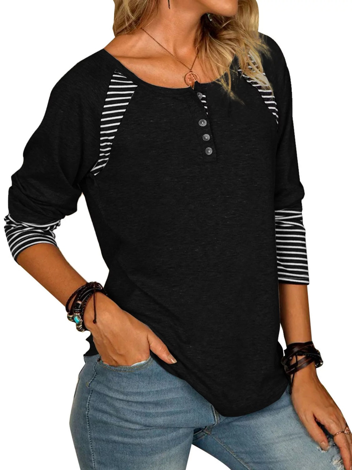 Full Size Striped Quarter Button Long Sleeve T-Shirt-TOPS / DRESSES-[Adult]-[Female]-2022 Online Blue Zone Planet