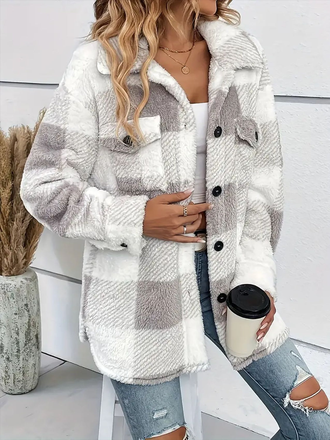 Blue Zone Planet | Plaid Dropped Shoulder Long Sleeve Plush Coat-TOPS / DRESSES-[Adult]-[Female]-2022 Online Blue Zone Planet