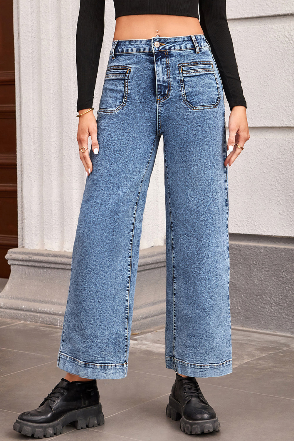 Blue Chic Patch Pocket Straight Leg Loose Jeans-Bottoms/Jeans-[Adult]-[Female]-2022 Online Blue Zone Planet