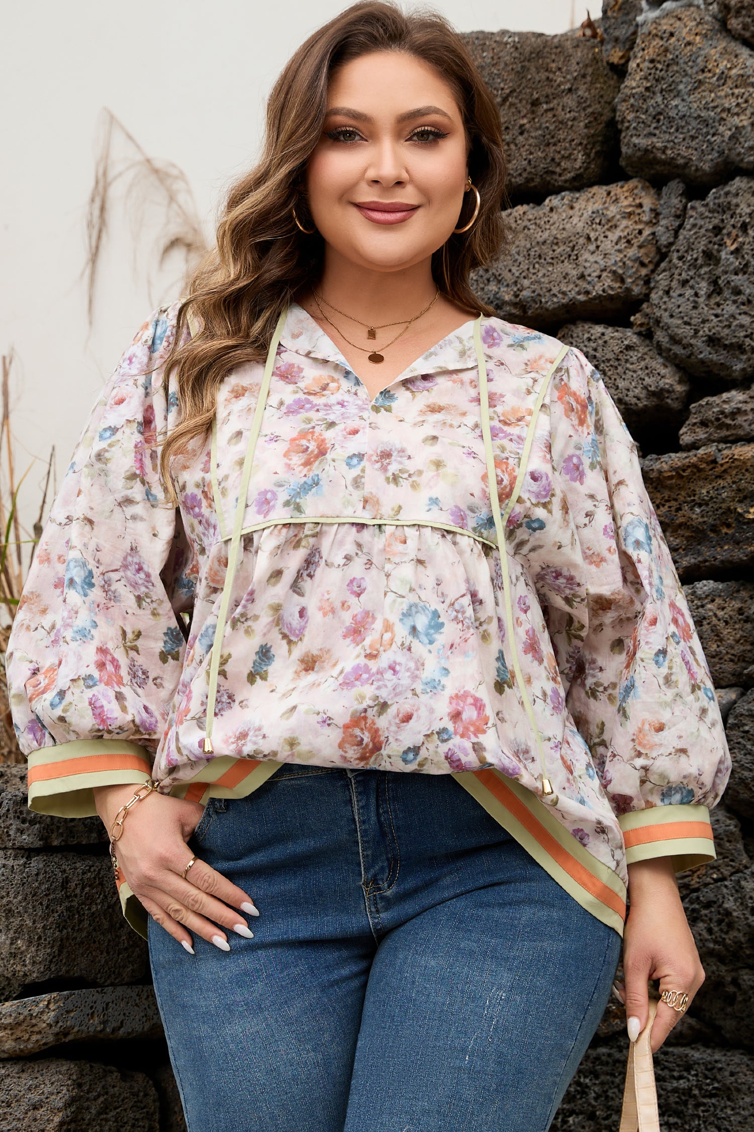 Black Plus Size Floral Print Contrast Trim Striped Detail Babydoll Blouse-Plus Size/Plus Size Tops/Plus Size Blouses & Shirts-[Adult]-[Female]-2022 Online Blue Zone Planet