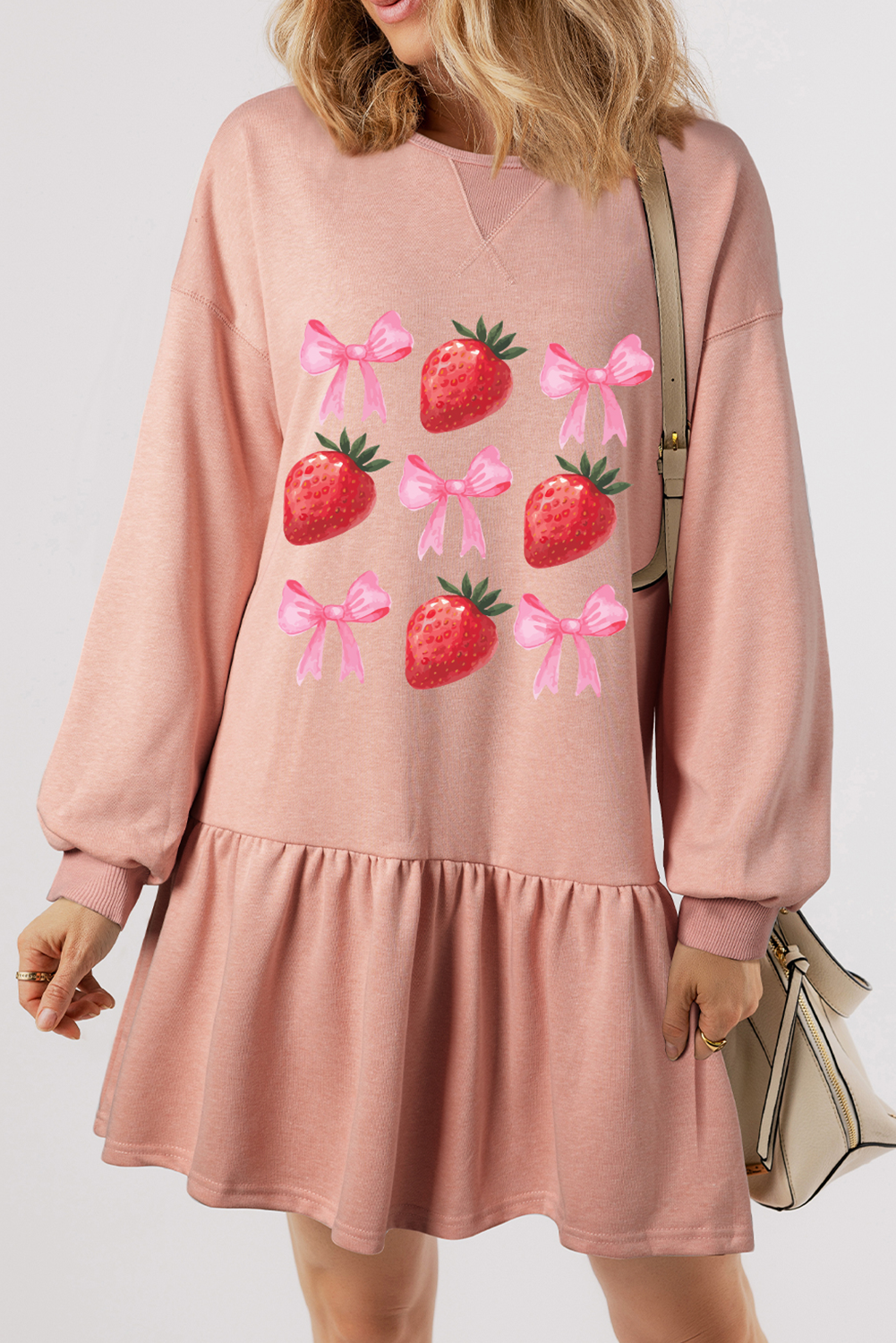 Dusty Pink Strawberry Bowknot Graphic Heat Transfer Ruffle Mini Dress-Graphic Apparel-[Adult]-[Female]-Dusty Pink-XS-2022 Online Blue Zone Planet