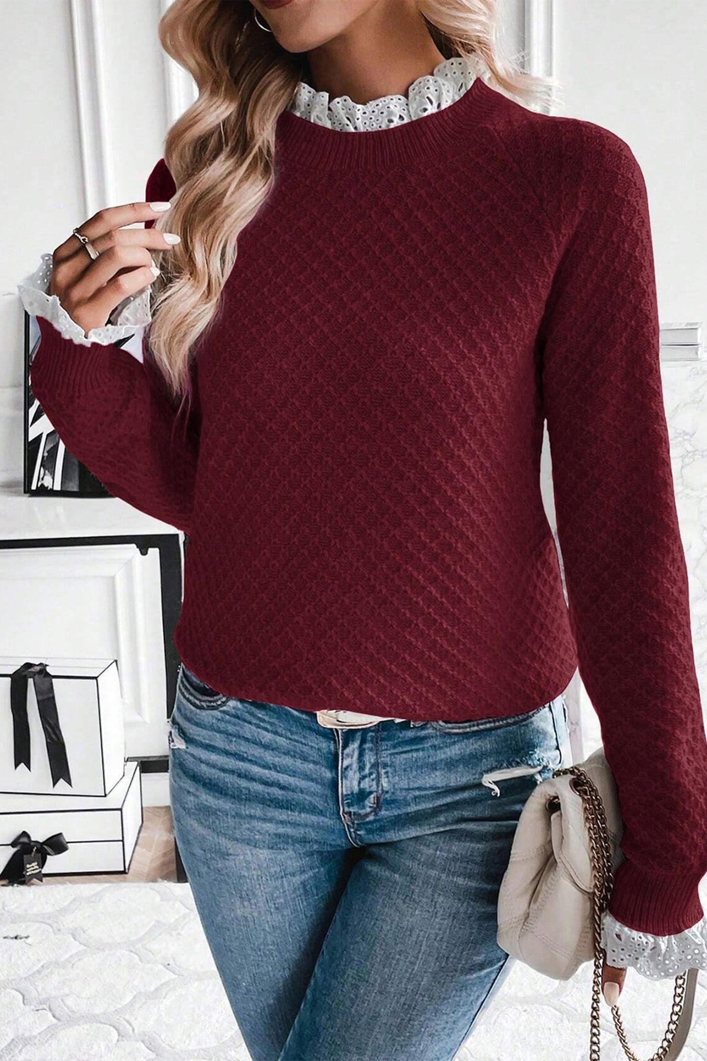 Burgundy Contrast Lace Frilled Trim Raglan Sleeve Sweater-TOPS / DRESSES-[Adult]-[Female]-2022 Online Blue Zone Planet