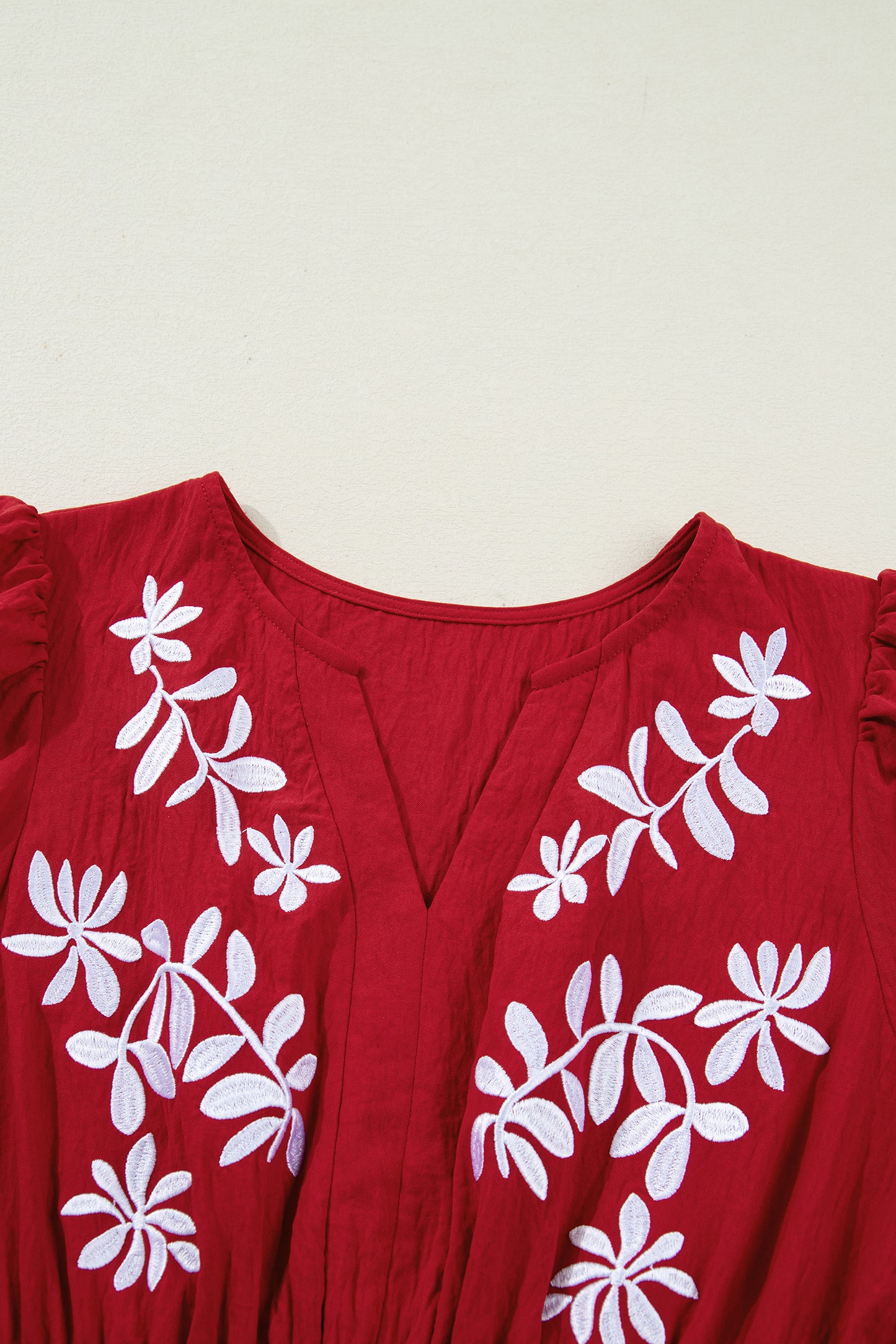 Racing Red Contrast Embroidered Detail Cinched Waist Tiered Long Sleeve Maxi Dress-TOPS / DRESSES-[Adult]-[Female]-2022 Online Blue Zone Planet