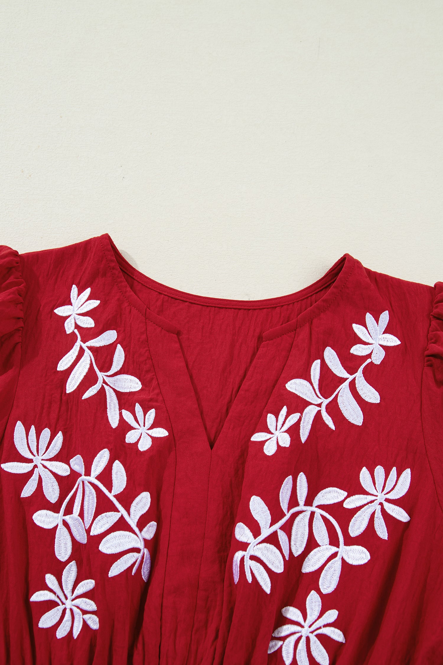 Racing Red Contrast Embroidered Detail Cinched Waist Tiered Long Sleeve Maxi Dress-TOPS / DRESSES-[Adult]-[Female]-2022 Online Blue Zone Planet