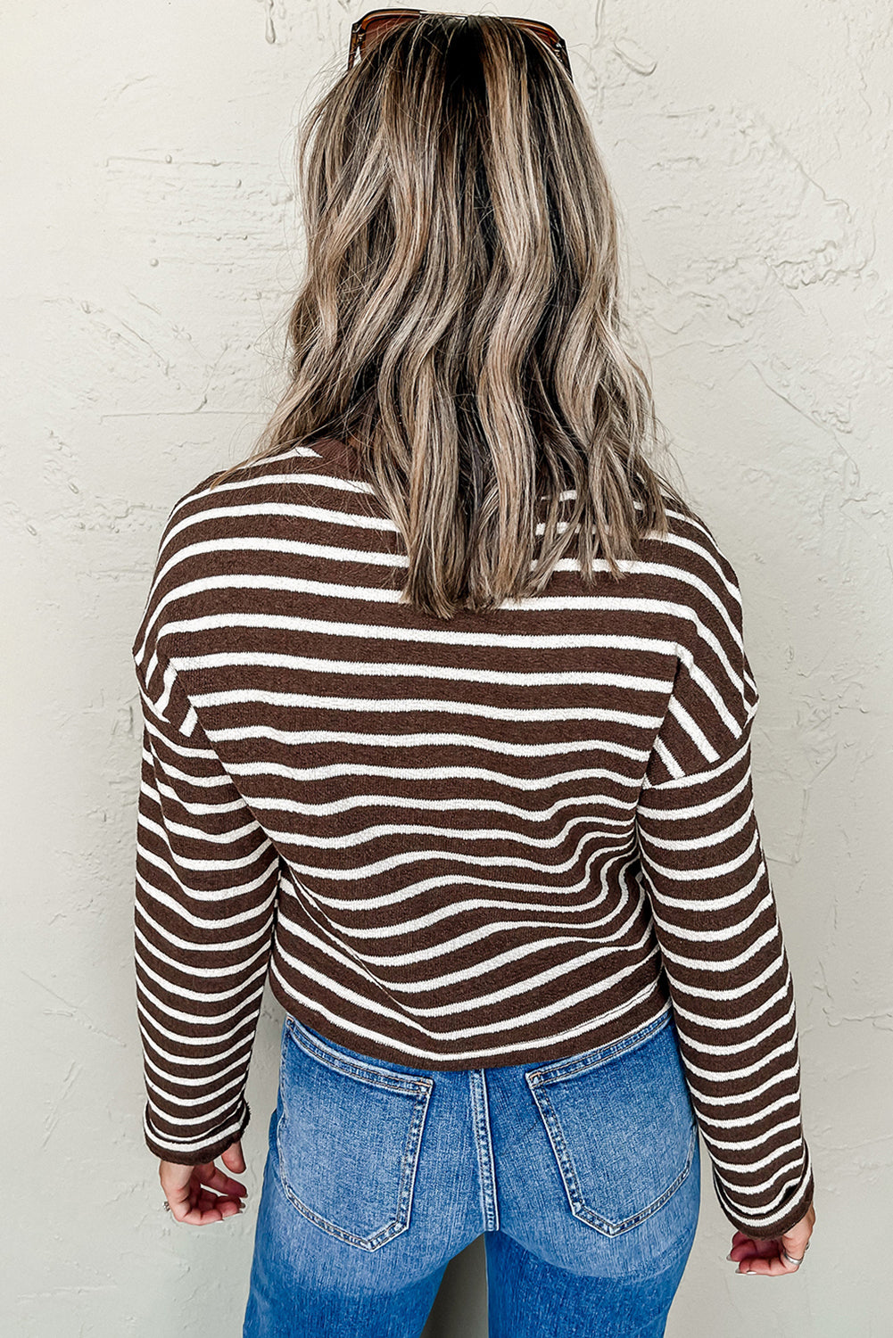 Brown Stripe Ribbed Cropped Crew Neck Long Sleeve T Shirt-Tops/Long Sleeve Tops-[Adult]-[Female]-2022 Online Blue Zone Planet