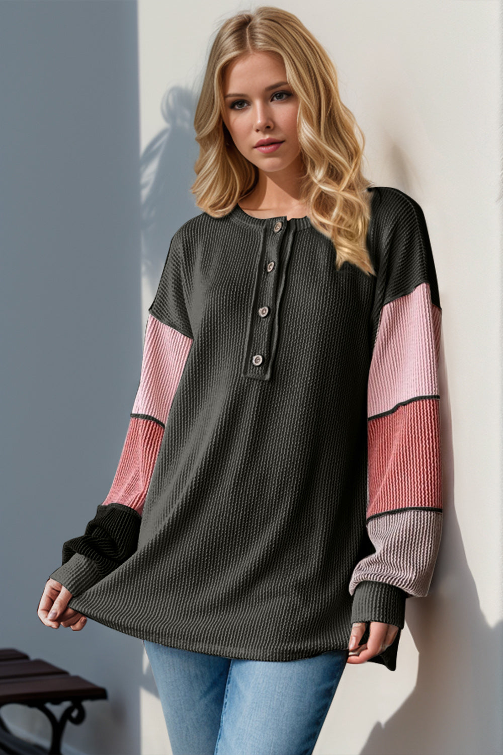 Double Take Full Size Color Block Round Neck Long Sleeve T-Shirt-TOPS / DRESSES-[Adult]-[Female]-Black-S-2022 Online Blue Zone Planet