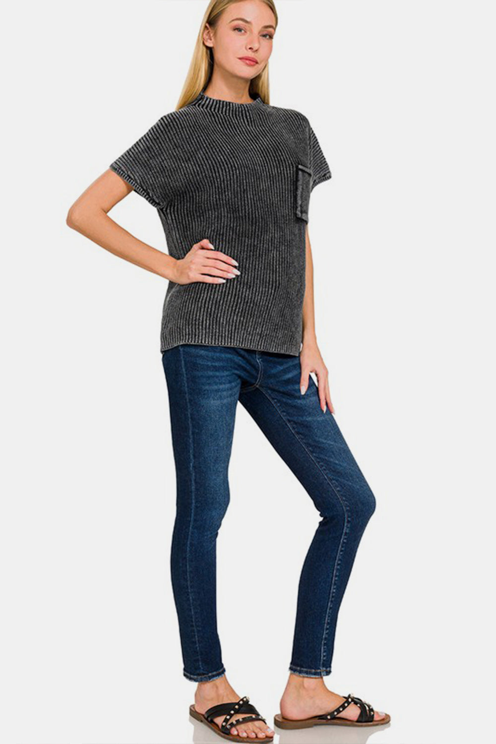 Blue Zone Planet | Zenana Pocketed Mock Neck Short Sleeve Sweater-TOPS / DRESSES-[Adult]-[Female]-2022 Online Blue Zone Planet