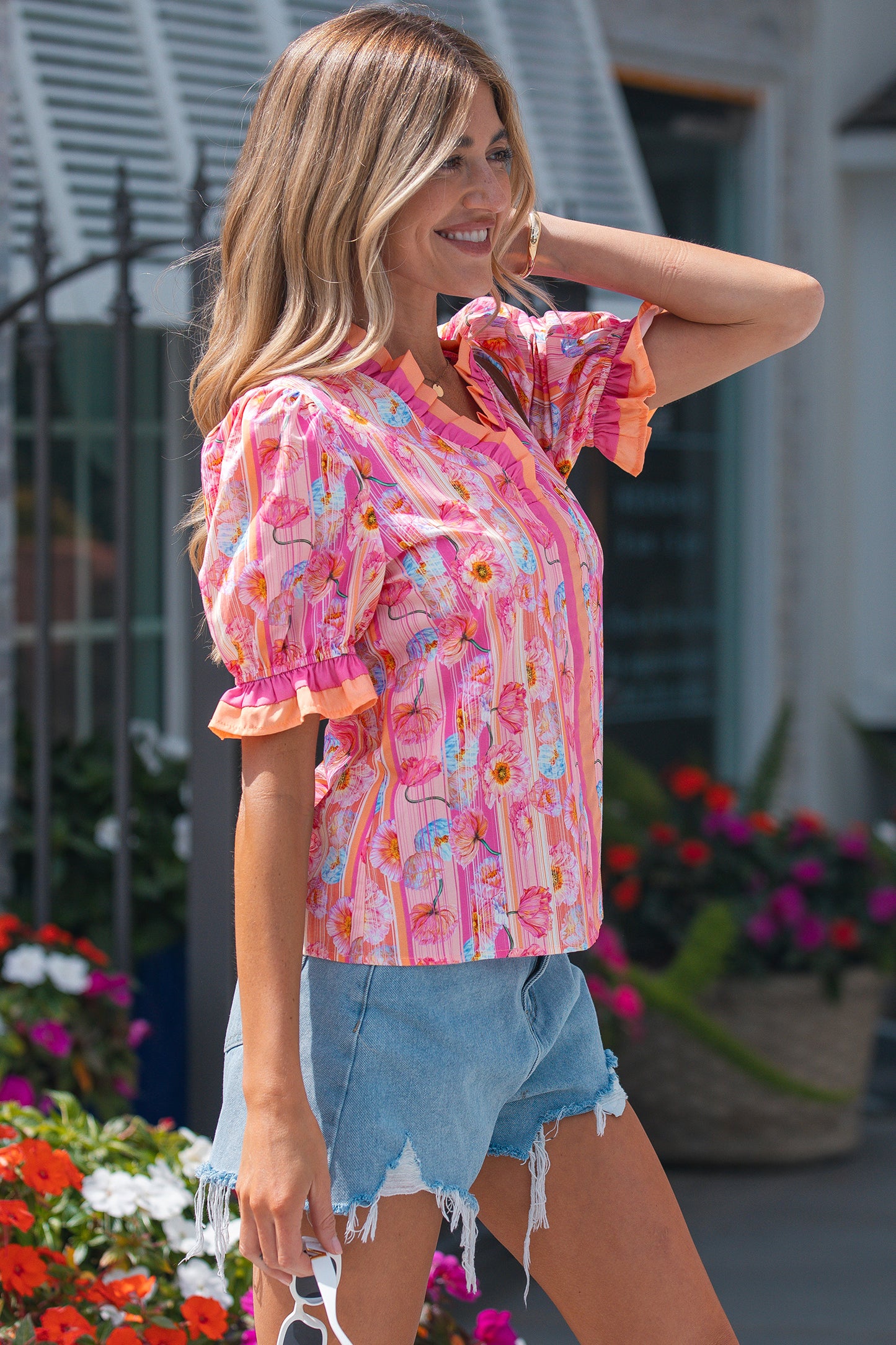 Pink Poppy Flower Striped Print Color Block Trim V Neck Short Sleeve Blouse-Tops/Blouses & Shirts-[Adult]-[Female]-2022 Online Blue Zone Planet