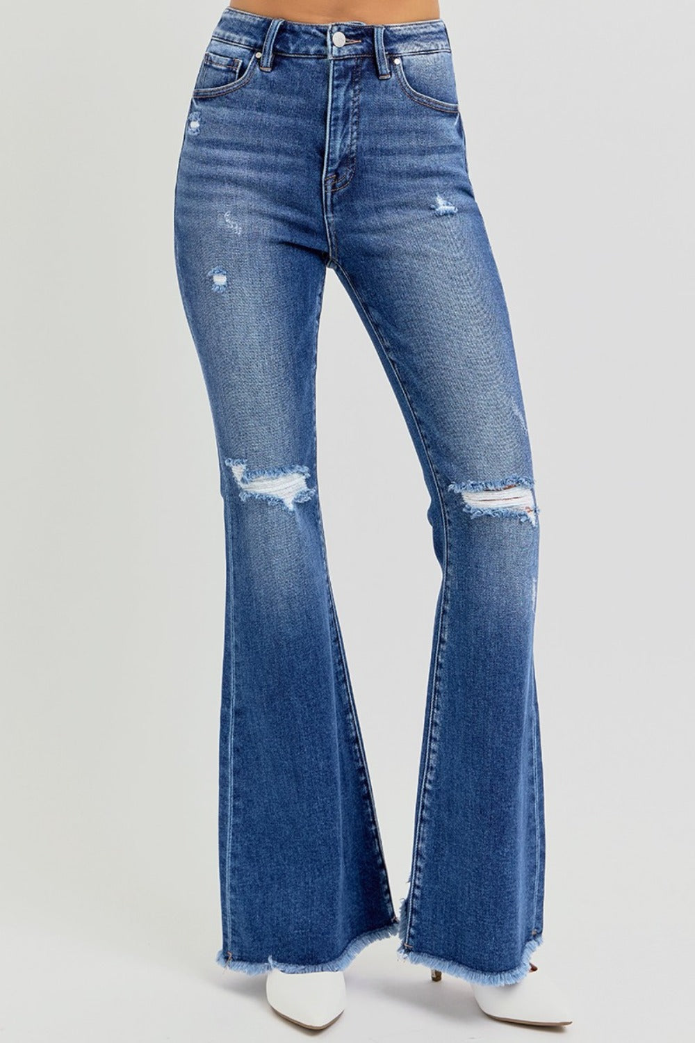 RISEN Full Size High Rise Distressed Raw Hem Flare Jeans-BOTTOMS SIZES SMALL MEDIUM LARGE-[Adult]-[Female]-2022 Online Blue Zone Planet