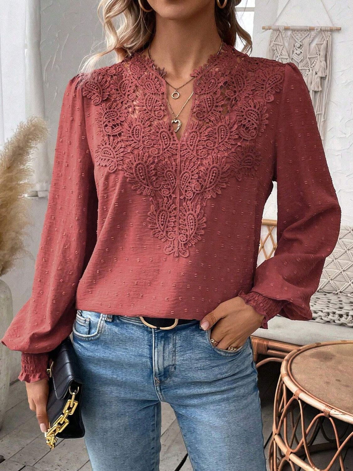 Swiss Dot Lace Detail Notched Long Sleeve Blouse-TOPS / DRESSES-[Adult]-[Female]-2022 Online Blue Zone Planet