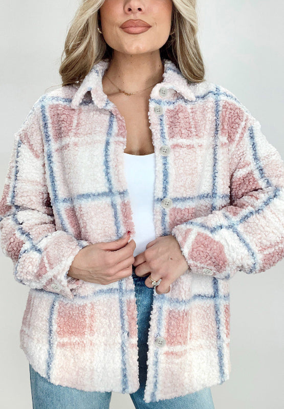 Plaid Button Up Collared Neck Sherpa Jacket-TOPS / DRESSES-[Adult]-[Female]-Plaid-S-2022 Online Blue Zone Planet