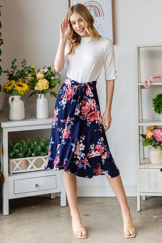 Reborn J Floral Wrap Ruffled Skirt-BOTTOMS SIZES SMALL MEDIUM LARGE-[Adult]-[Female]-Navy-S-2022 Online Blue Zone Planet