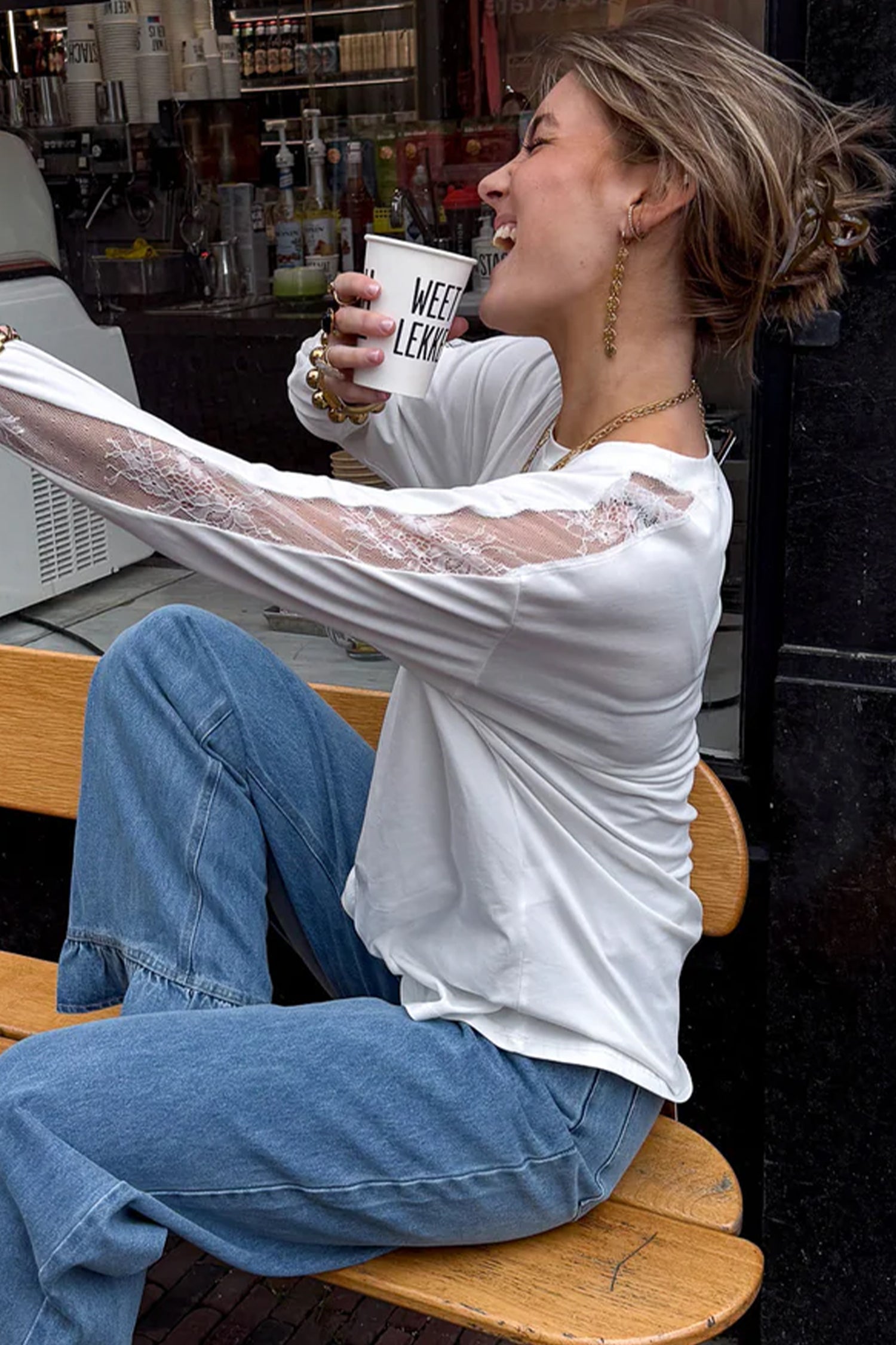 White Sheer Lace Splicing Long Sleeve Shift Top-Tops/Long Sleeve Tops-[Adult]-[Female]-2022 Online Blue Zone Planet