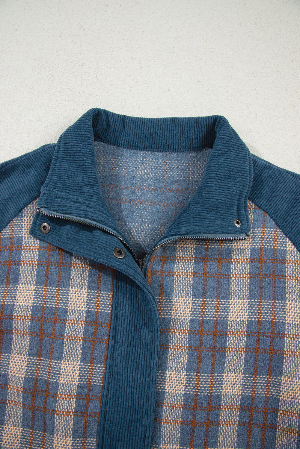 Gray Plaid Corduroy Patchwork Collared Zip Up Snap Button Jacket-Outerwear/Plaid Shackets-[Adult]-[Female]-2022 Online Blue Zone Planet