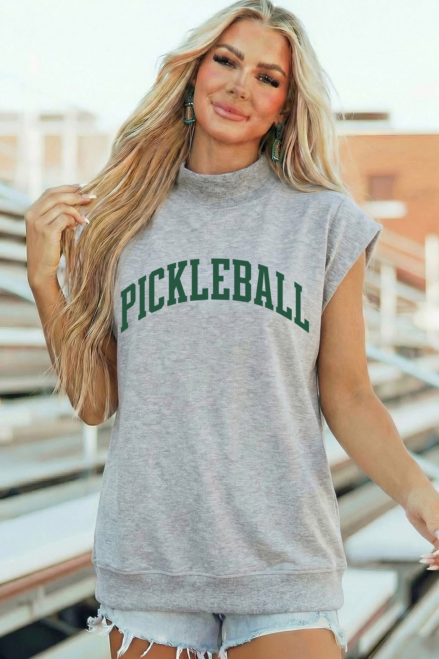 Light Grey Pickleball Lettering Mock Neck Short Sleeve Top-Graphic/Graphic Tees-[Adult]-[Female]-2022 Online Blue Zone Planet