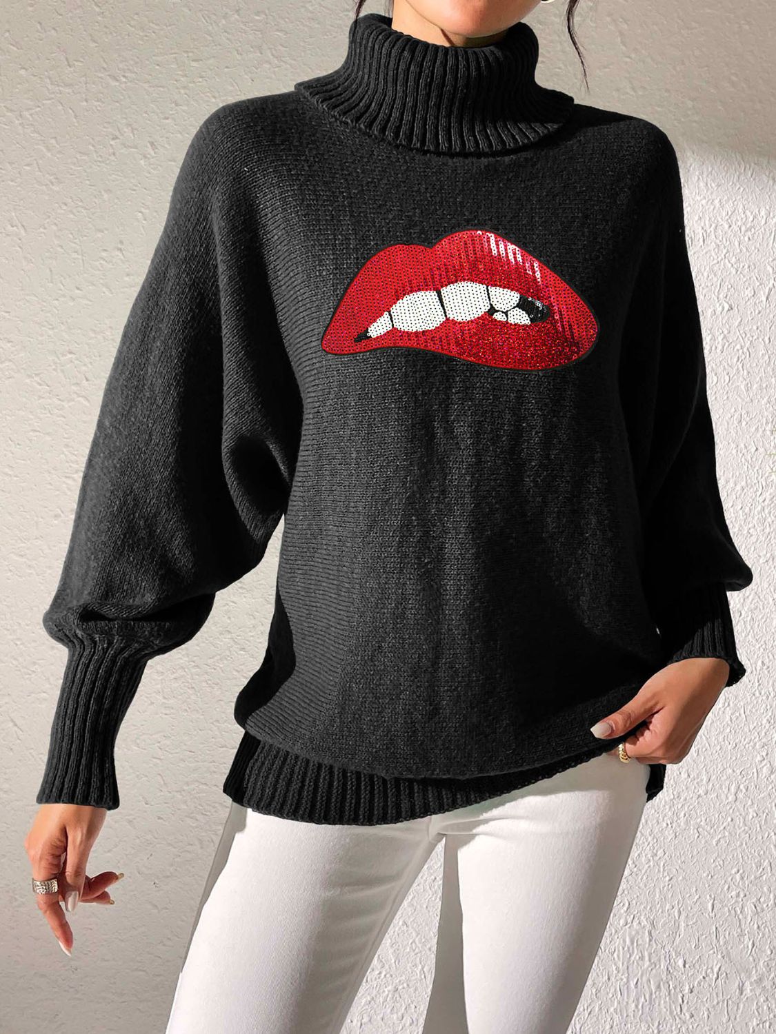 Lip Turtleneck Long Sleeve Sweater-TOPS / DRESSES-[Adult]-[Female]-Black-S-2022 Online Blue Zone Planet