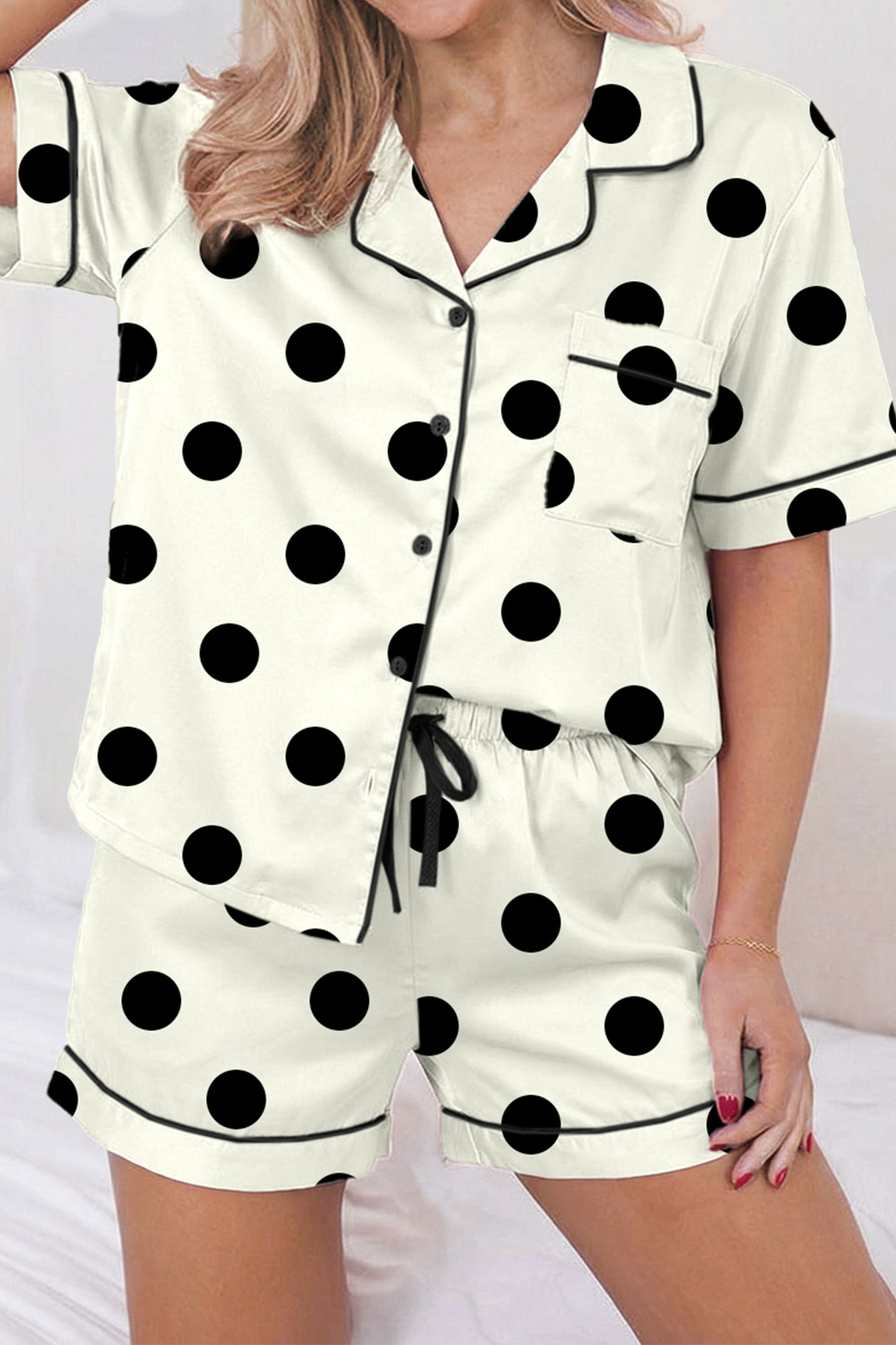 Beige Polka Dot Print Lapel Shirt Drawstring 2pcs Short Pajama Set-Loungewear & Sleepwear/Sleepwear-[Adult]-[Female]-Beige-S-2022 Online Blue Zone Planet
