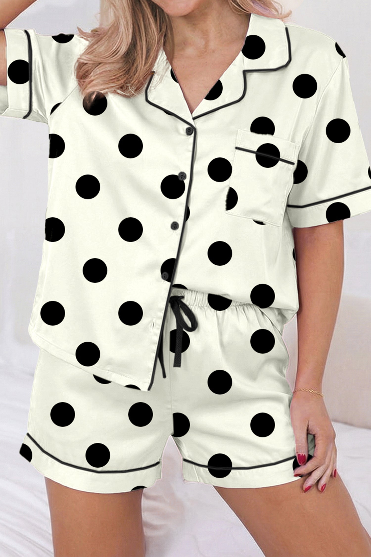 Beige Polka Dot Print Lapel Shirt Drawstring 2pcs Short Pajama Set-Loungewear & Sleepwear/Sleepwear-[Adult]-[Female]-Beige-S-2022 Online Blue Zone Planet