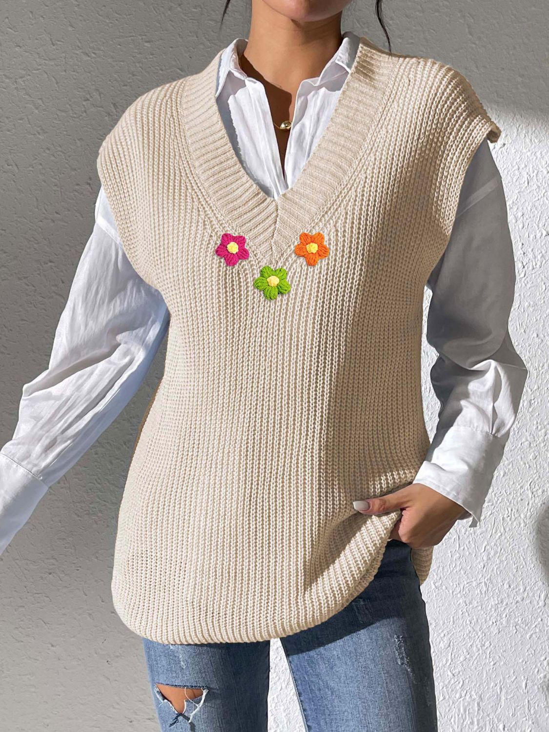 Flower V-Neck Sweater Vest-TOPS / DRESSES-[Adult]-[Female]-Beige-One Size-2022 Online Blue Zone Planet