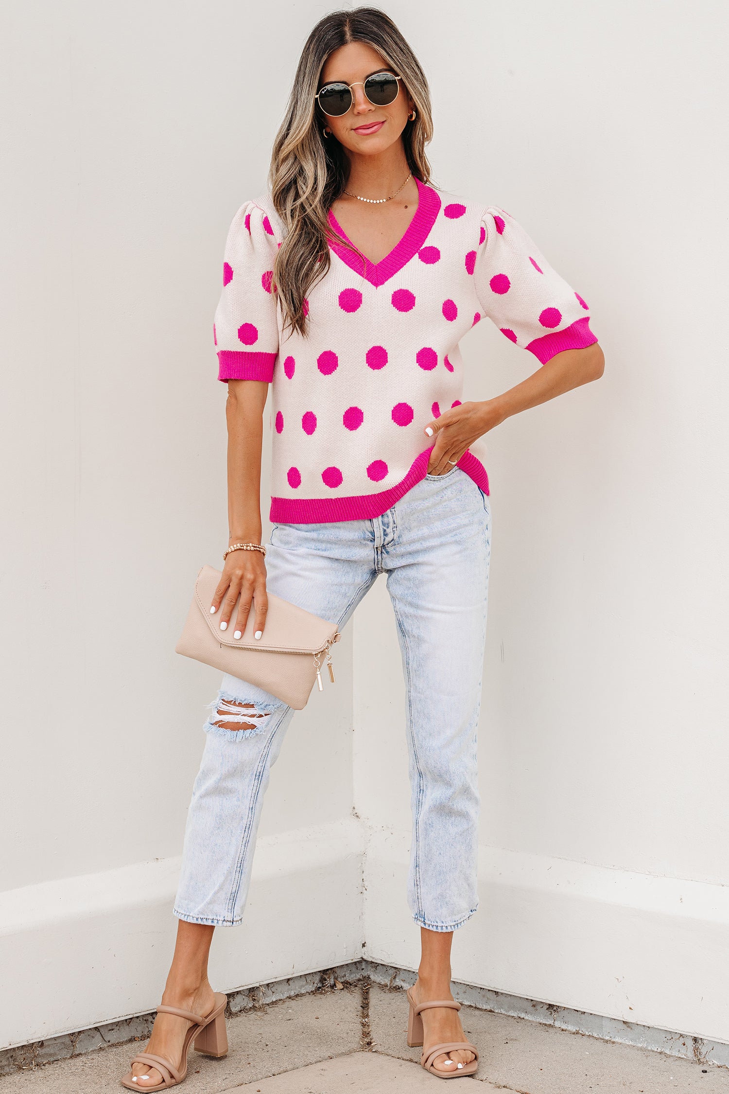Rose Red Polka Dot Puff Short Sleeve Sweater Top-Sweaters & Cardigans/Short Sleeve Sweaters-[Adult]-[Female]-2022 Online Blue Zone Planet