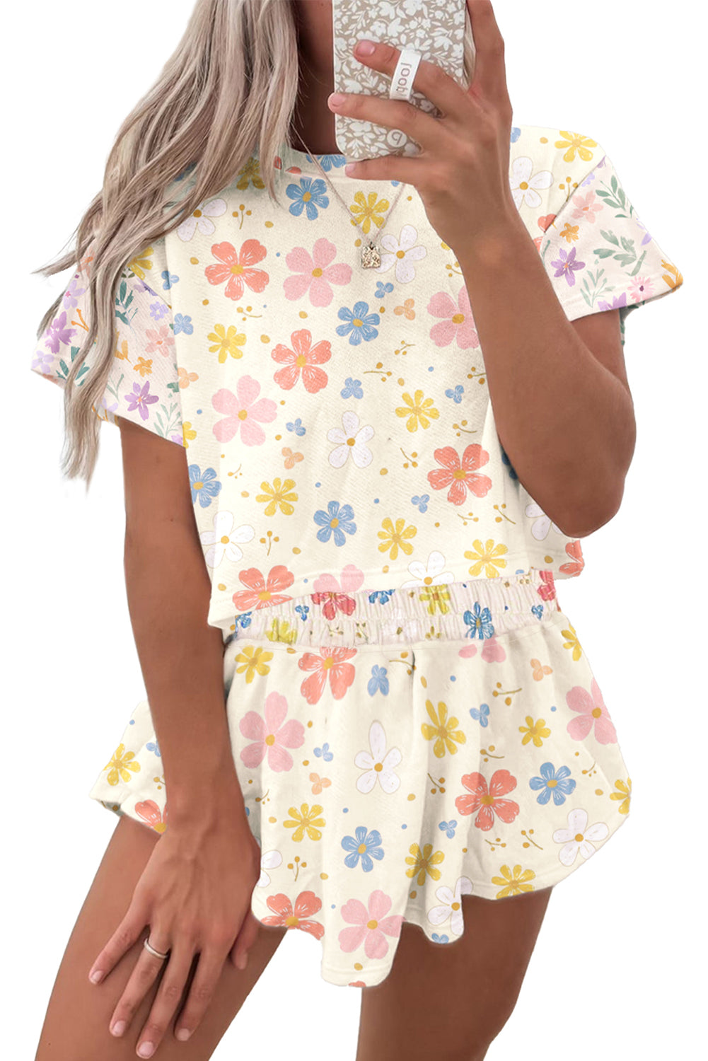 Apricot Floral Print Crop Top Wide Leg Short Set-Two Piece Sets/Short Sets-[Adult]-[Female]-2022 Online Blue Zone Planet