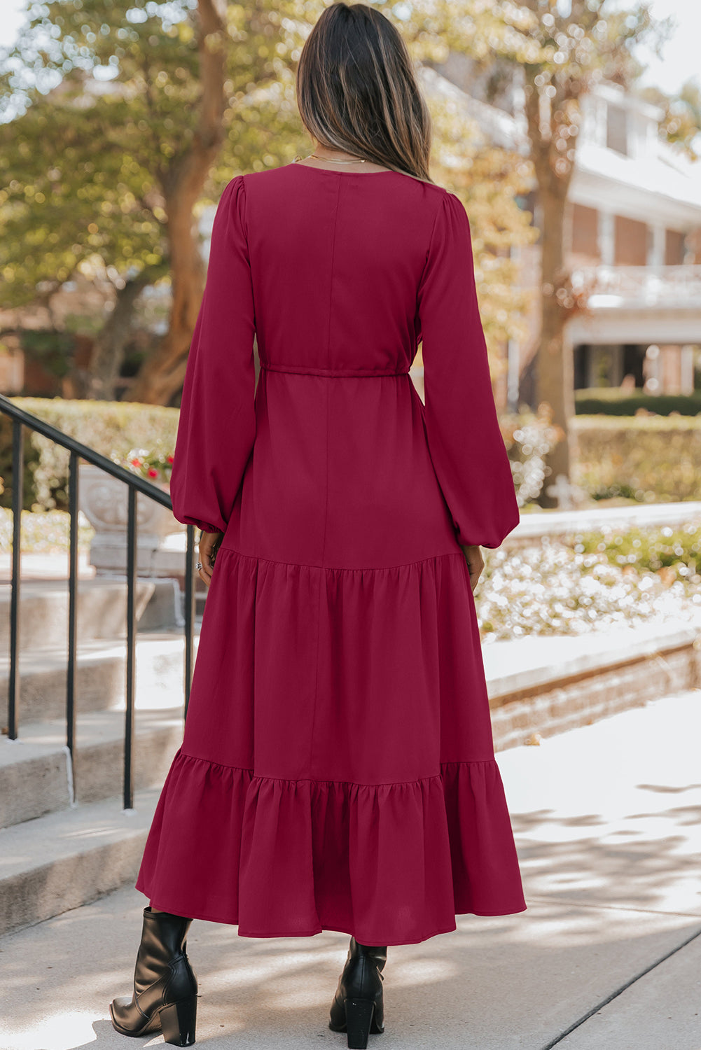 Burgundy Solid Long Sleeve Button V Neck Tiered Maxi Dress-TOPS / DRESSES-[Adult]-[Female]-2022 Online Blue Zone Planet