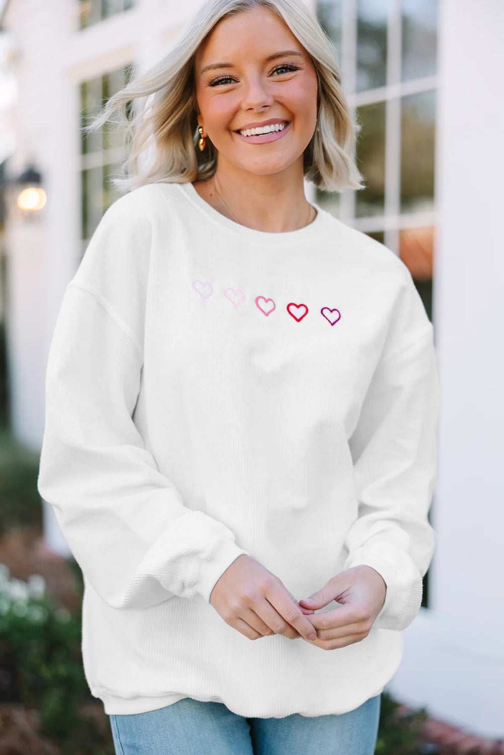 White 3d Ribbed XOXO Heart Embroidered Drop Shoulder Sweatshirt-Tops/Sweatshirts & Hoodies-[Adult]-[Female]-2022 Online Blue Zone Planet