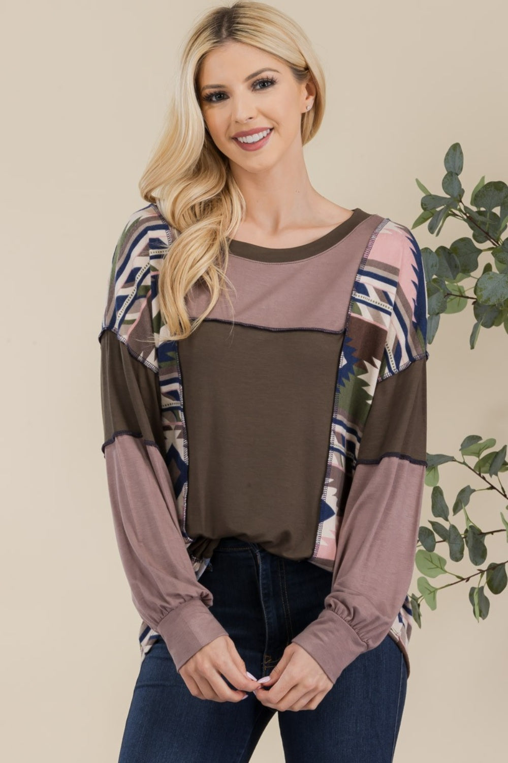 Celeste Full Size Exposed Seam Printed Color Block T-Shirt-TOPS / DRESSES-[Adult]-[Female]-DK Olive-S-2022 Online Blue Zone Planet