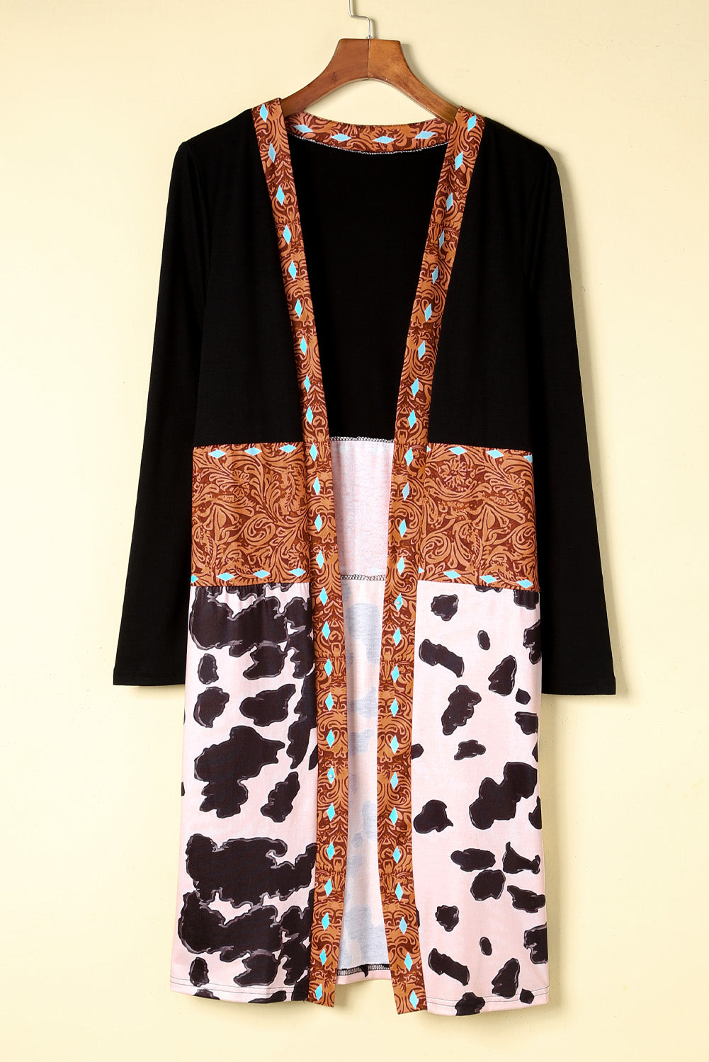 Black Western Pattern Cow Patchwork Open Front Cardigan-Sweaters & Cardigans/Cardigans-[Adult]-[Female]-2022 Online Blue Zone Planet