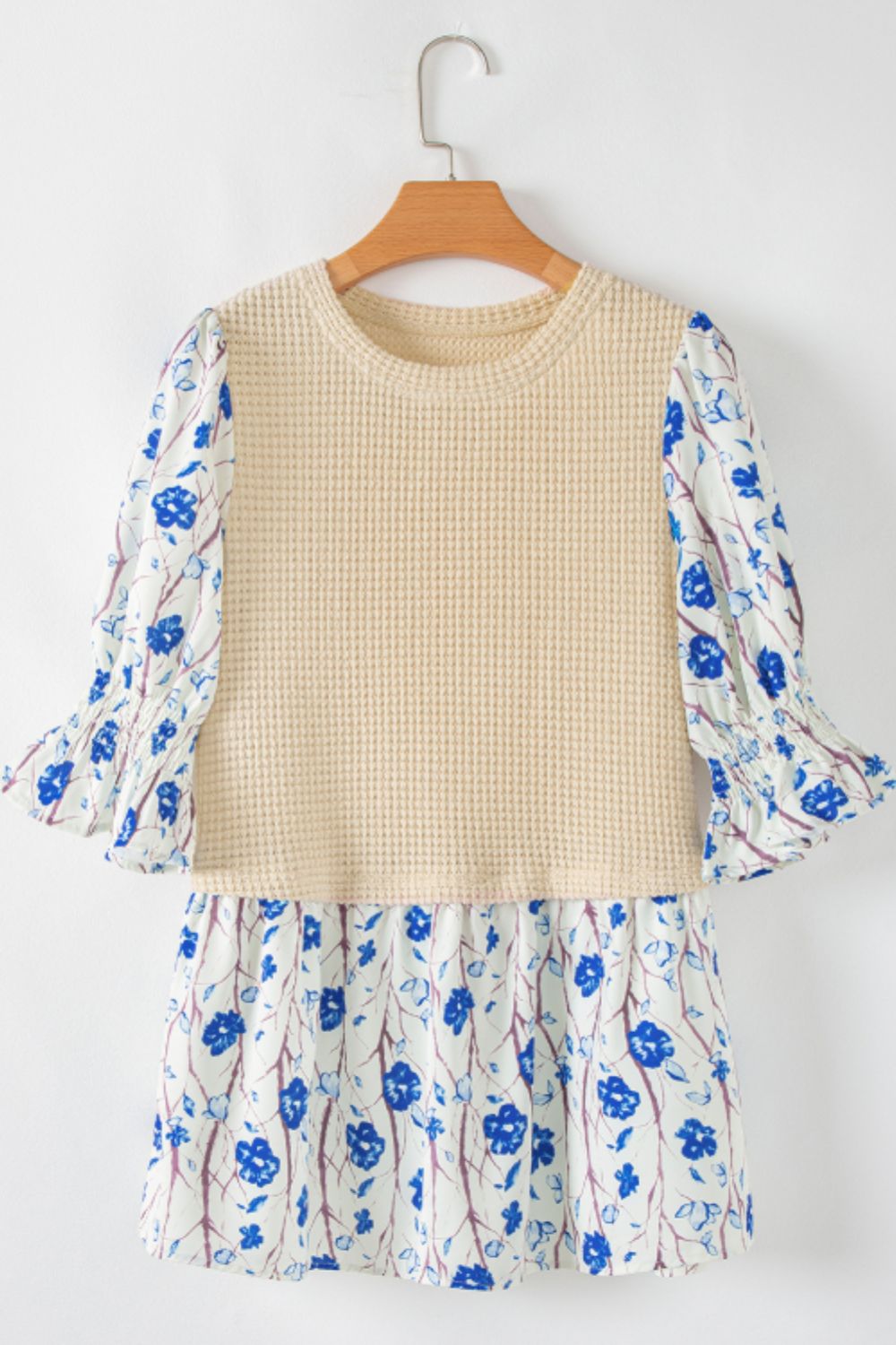 Waffle-Knit Printed Round Neck Flounce Sleeve Blouse-TOPS / DRESSES-[Adult]-[Female]-2022 Online Blue Zone Planet