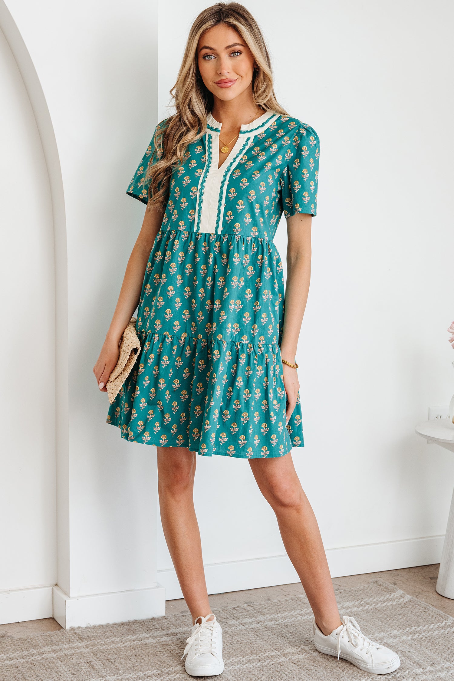 Green Contrast Trim V Neck Short Sleeve Floral Dress-TOPS / DRESSES-[Adult]-[Female]-2022 Online Blue Zone Planet