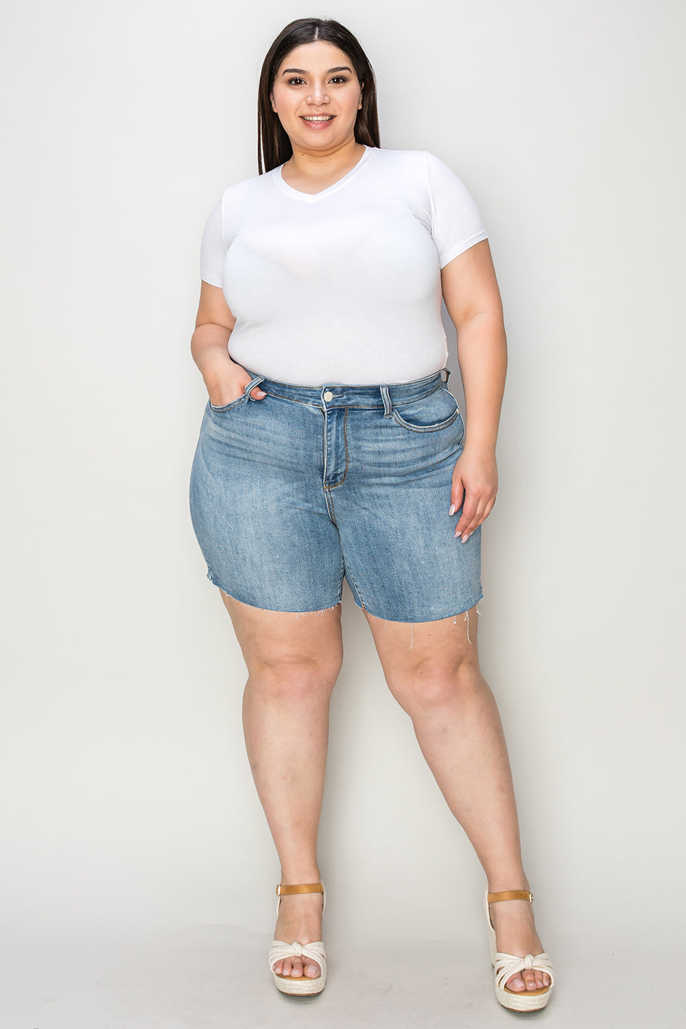 Judy Blue Full Size High Waist Raw Hem Denim Shorts-BOTTOM SIZES SMALL MEDIUM LARGE-[Adult]-[Female]-2022 Online Blue Zone Planet