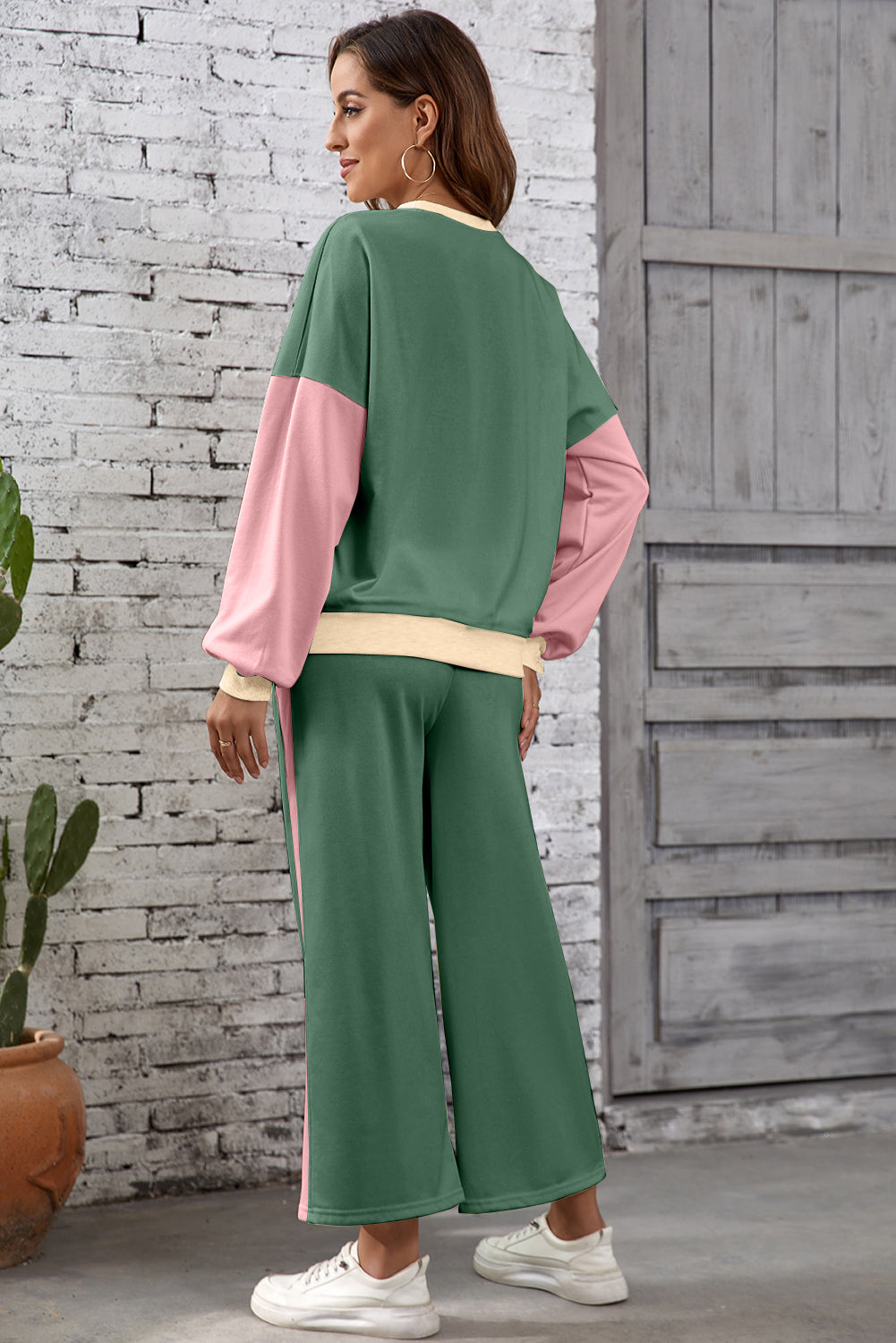 Chestnut 2pcs Color Block Pullover Loose Pant Set-Two Piece Sets/Pant Sets-[Adult]-[Female]-2022 Online Blue Zone Planet