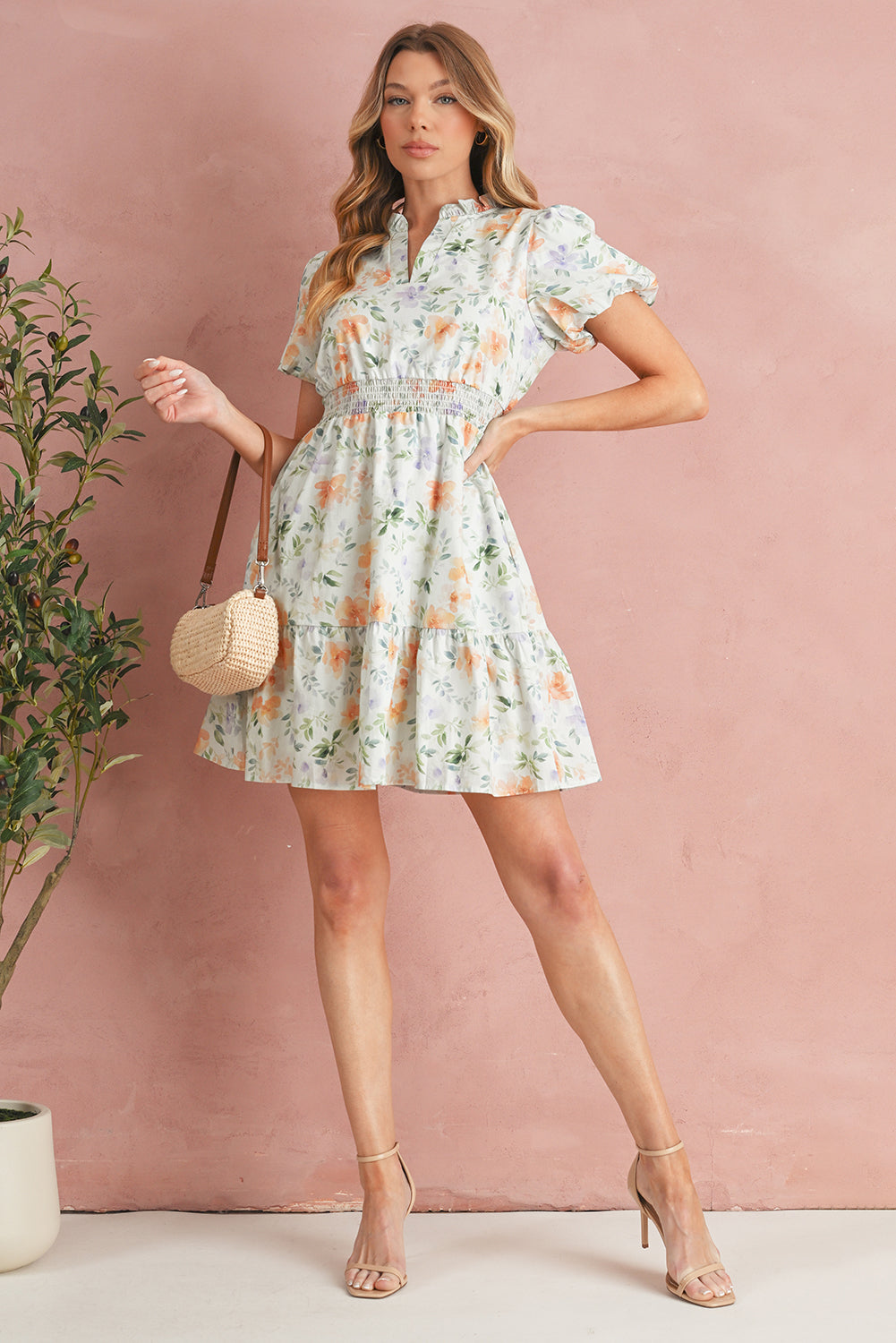 Beige Floral Print Smocked High Waist Puff Sleeve Mini Dress-TOPS / DRESSES-[Adult]-[Female]-2022 Online Blue Zone Planet