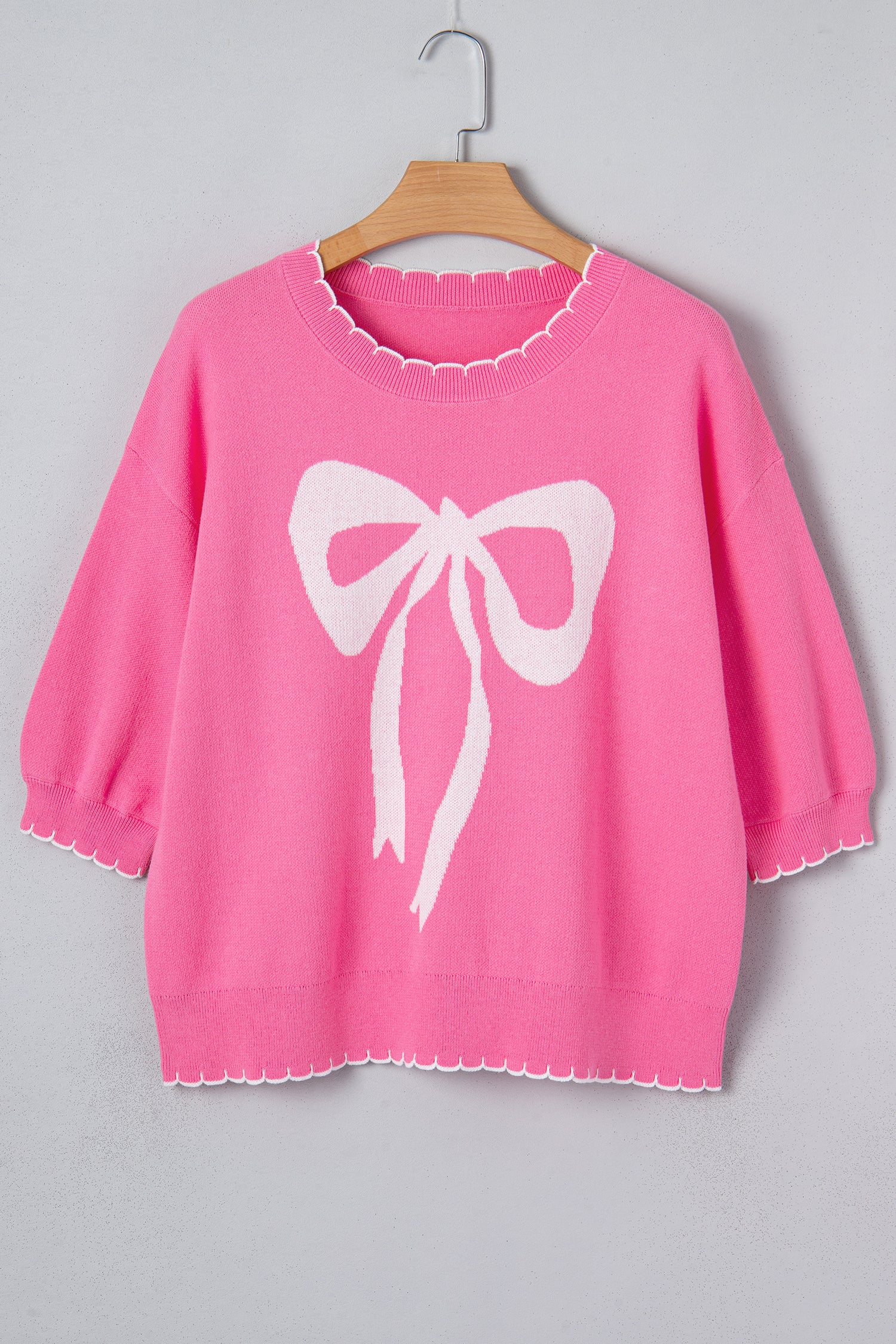Sachet Pink Big Ribbon Bow Print Contrast Stitch Trim Drop Shoulder Sweater-TOPS / DRESSES-[Adult]-[Female]-2022 Online Blue Zone Planet