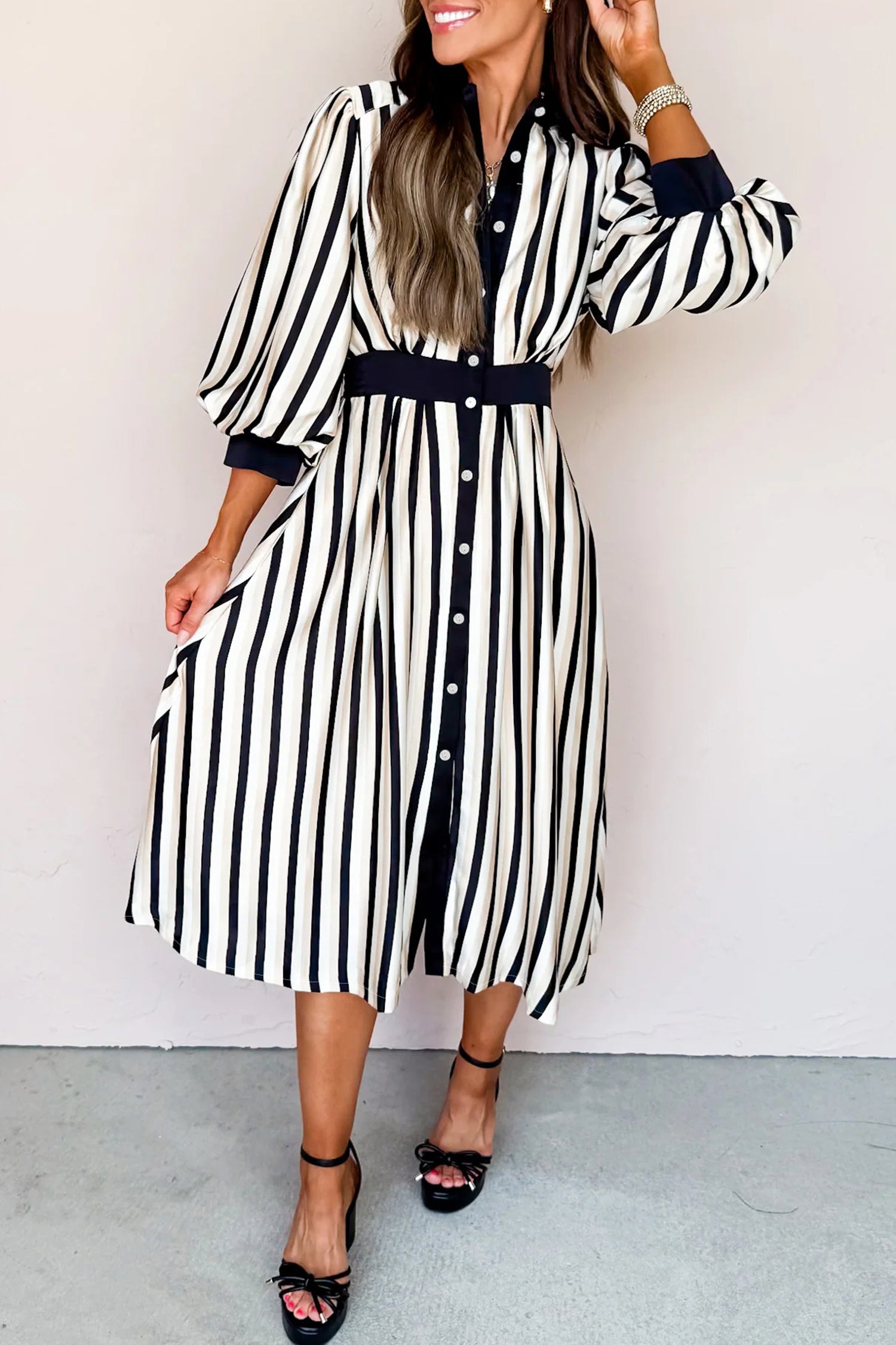 Black Stripe 3/4 Puff Sleeve Shirt Style Button Down Midi Dress-Dresses/Midi Dresses-[Adult]-[Female]-Black Stripe-S-2022 Online Blue Zone Planet