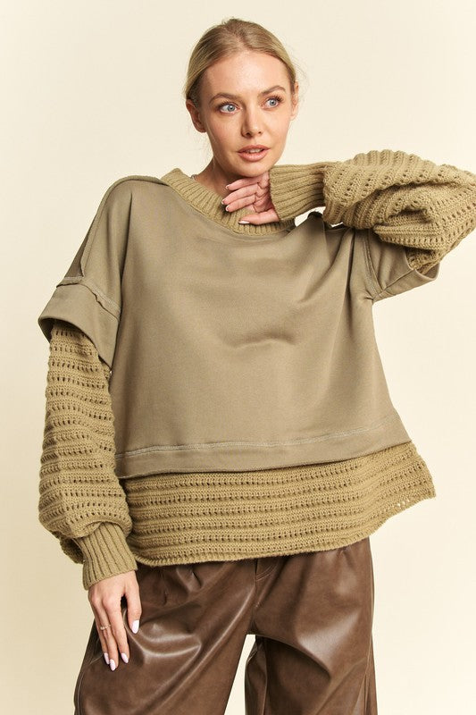 Davi & Dani Faux Layered Round Neck Sweater-TOPS / DRESSES-[Adult]-[Female]-Olive-S-2022 Online Blue Zone Planet