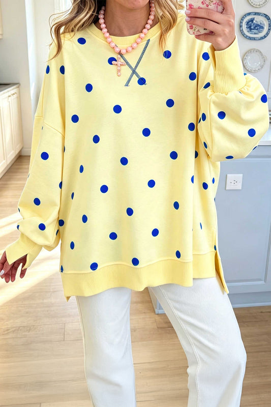 Yellow Polka Dot Loose Long Sleeve Split Hem Pullover Top-Tops/Long Sleeve Tops-[Adult]-[Female]-Yellow-S-2022 Online Blue Zone Planet